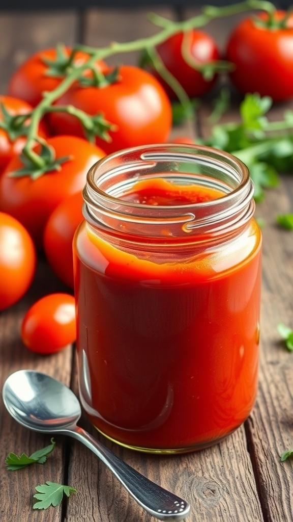 A jar of homemade tomato ketchup with fresh tomatoes and herbs on a wooden table.